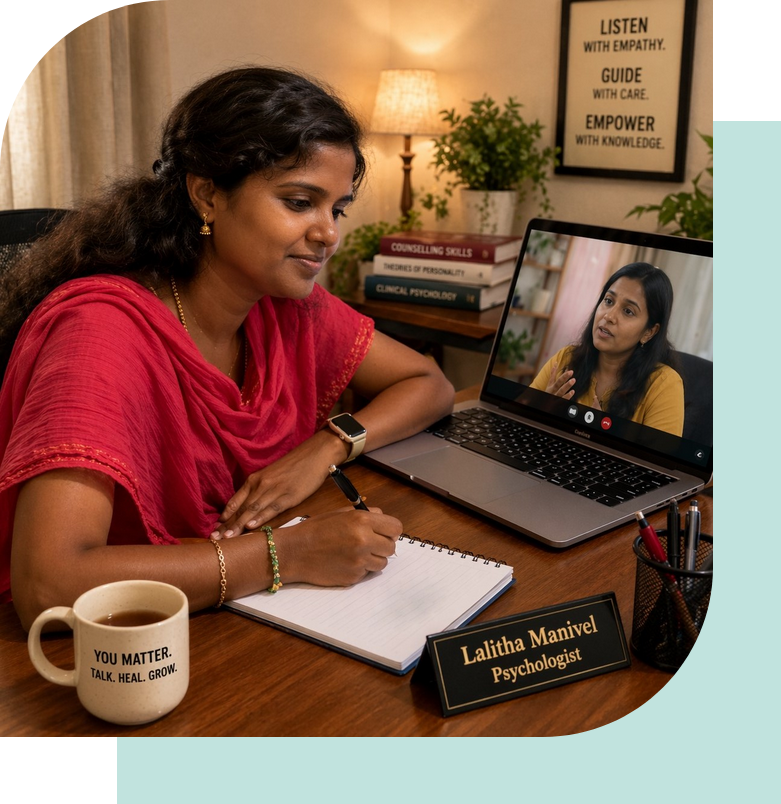 Lalitha Manivel writing notes during a meeting