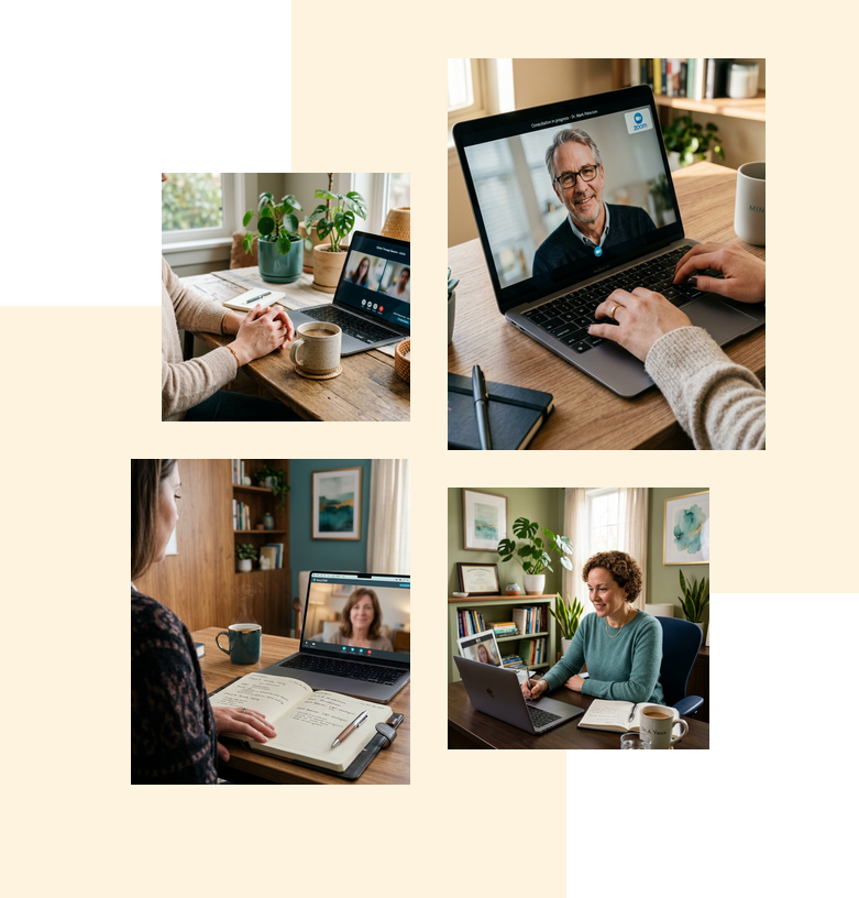 Online counselling session in progress between consultant and client